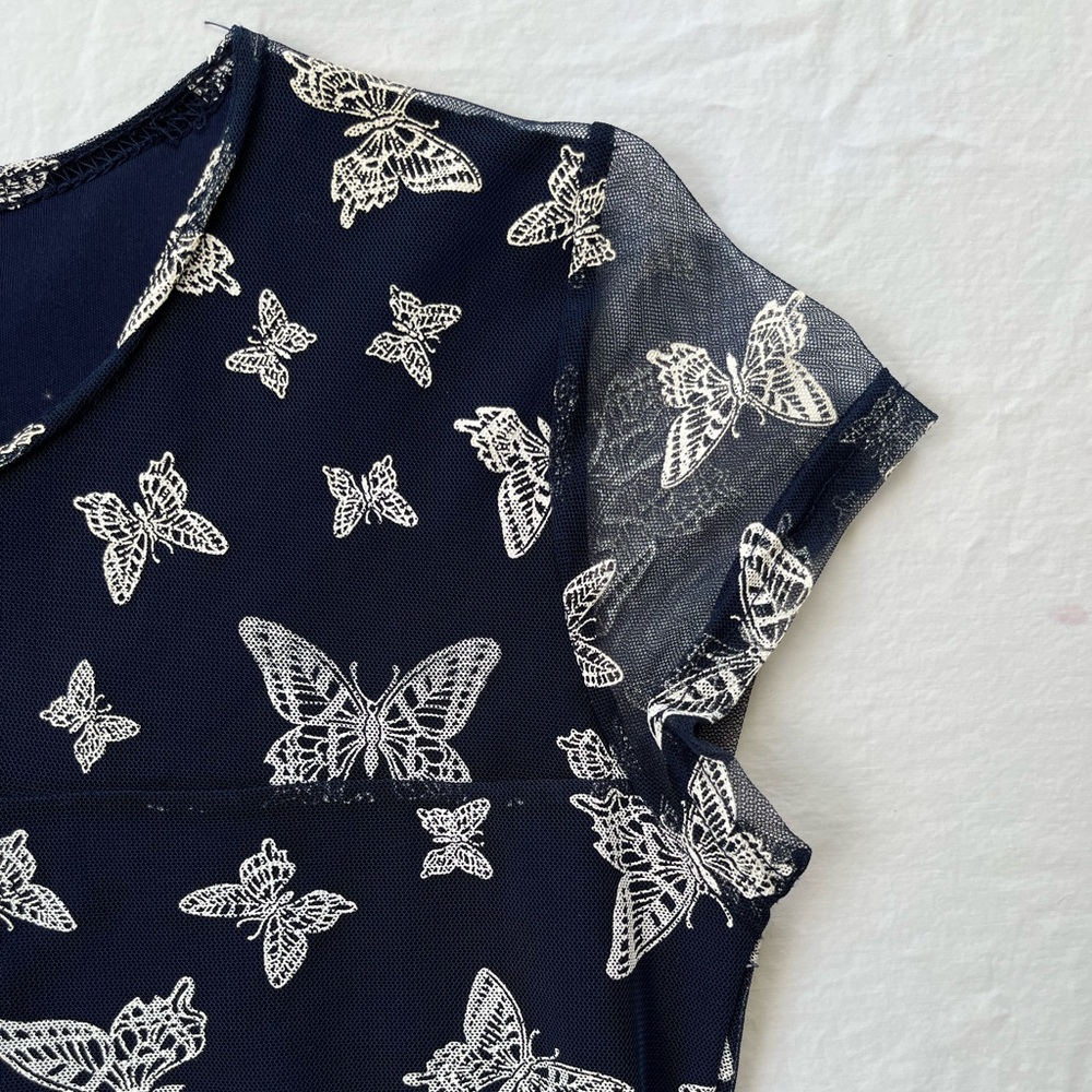 Navy Blue Butterfly V Neck Vintage Dress